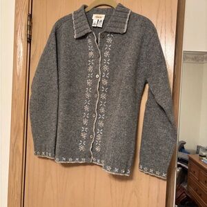 Talbots Charcoal Wool Cardigan with Light Pink & Blue Floral Accents